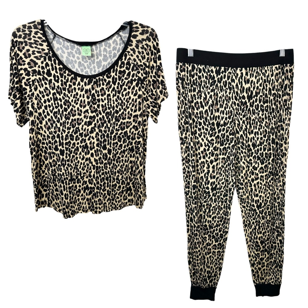 Honeydew Large Pajama Set Leopard Print Ribbed Knit Lounge Joggers Mob Wife 1589
